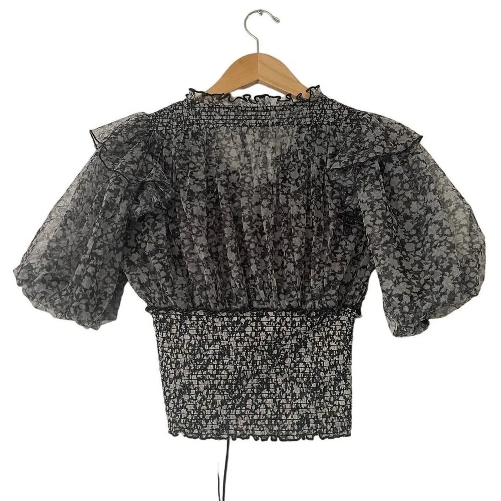 Free People Beatrice Tie Front Smocked Puff Sleeve Boho Top